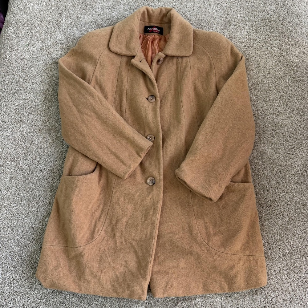 Vintage Alorna Coat Womens Large Brown Wool Mid Length Overcoat Made In USA